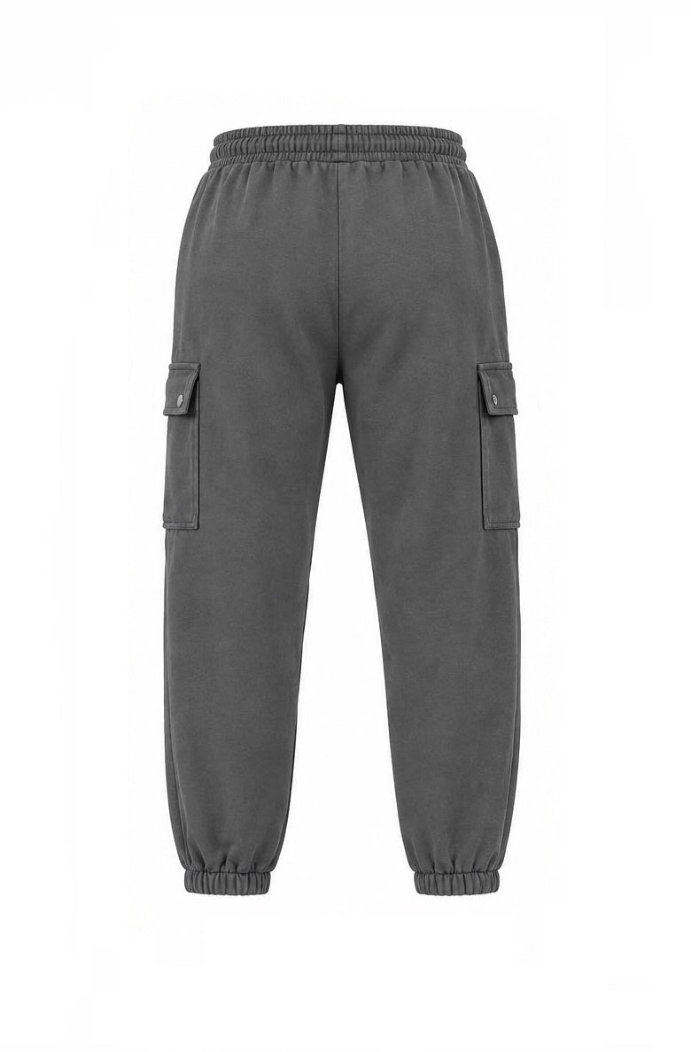 Men's charcoal grey fleece cargo joggers angled view with snap-button cargo pocket