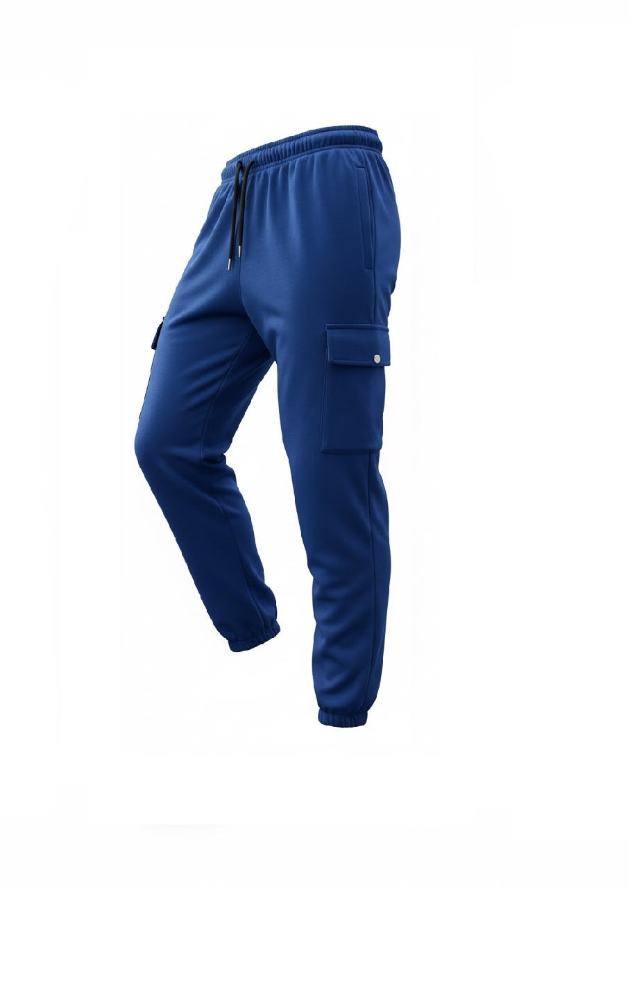Side view of blue fleece cargo joggers with silver button cargo pocket