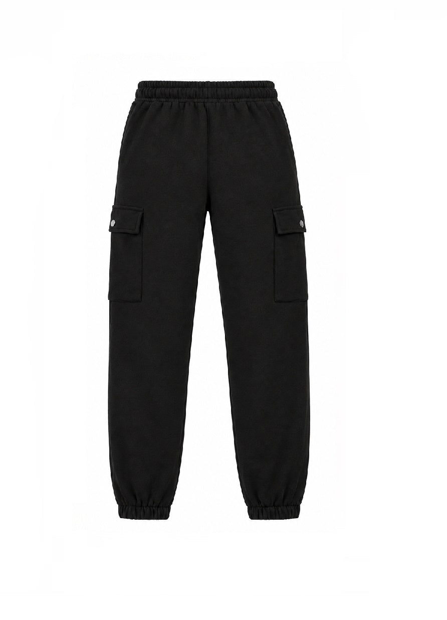 Black cargo jogger pants with side flap pockets and elastic cuffs, shown flat on a white background.