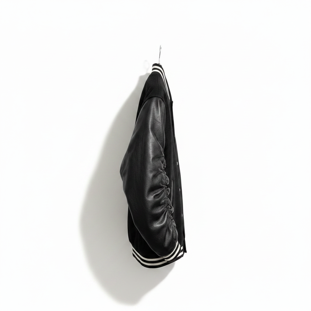 A black leather varsity-style jacket with white striped ribbed cuffs and collar, hanging from a metal hook against a plain white wall.