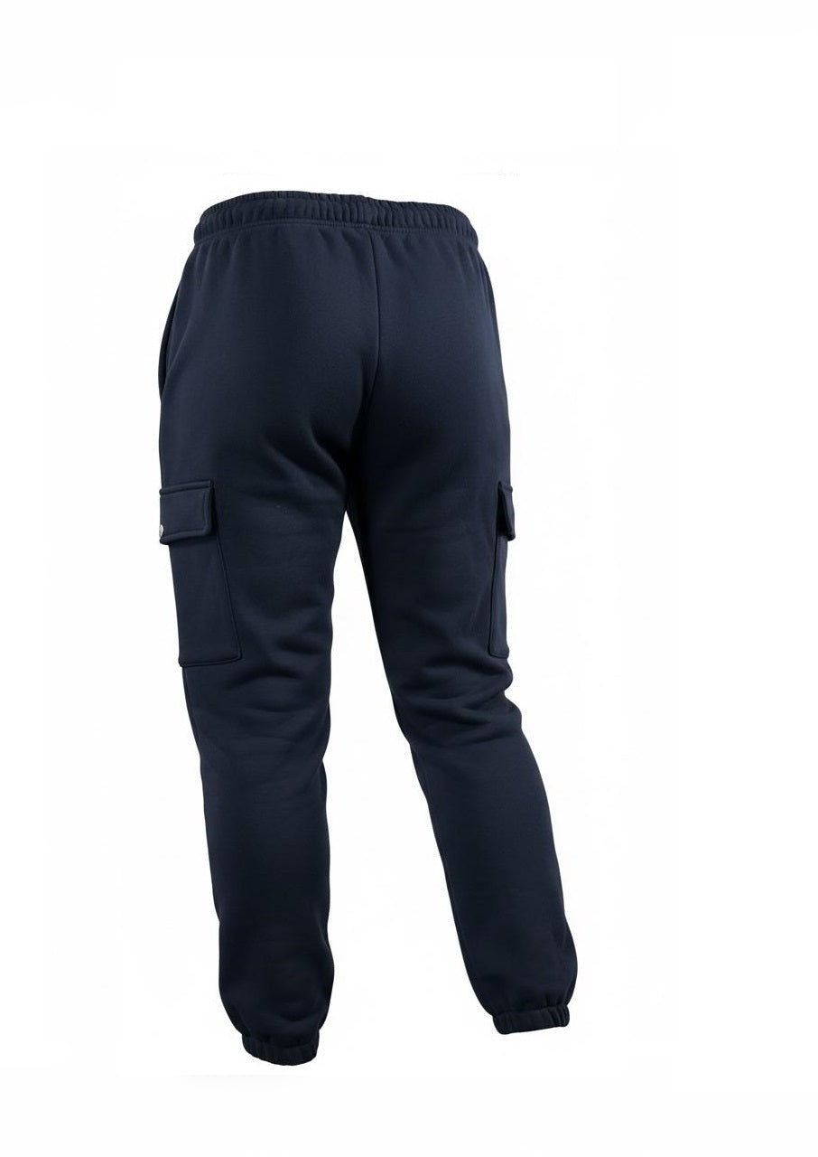 Angled view of navy blue fleece cargo joggers with silver button cargo pockets