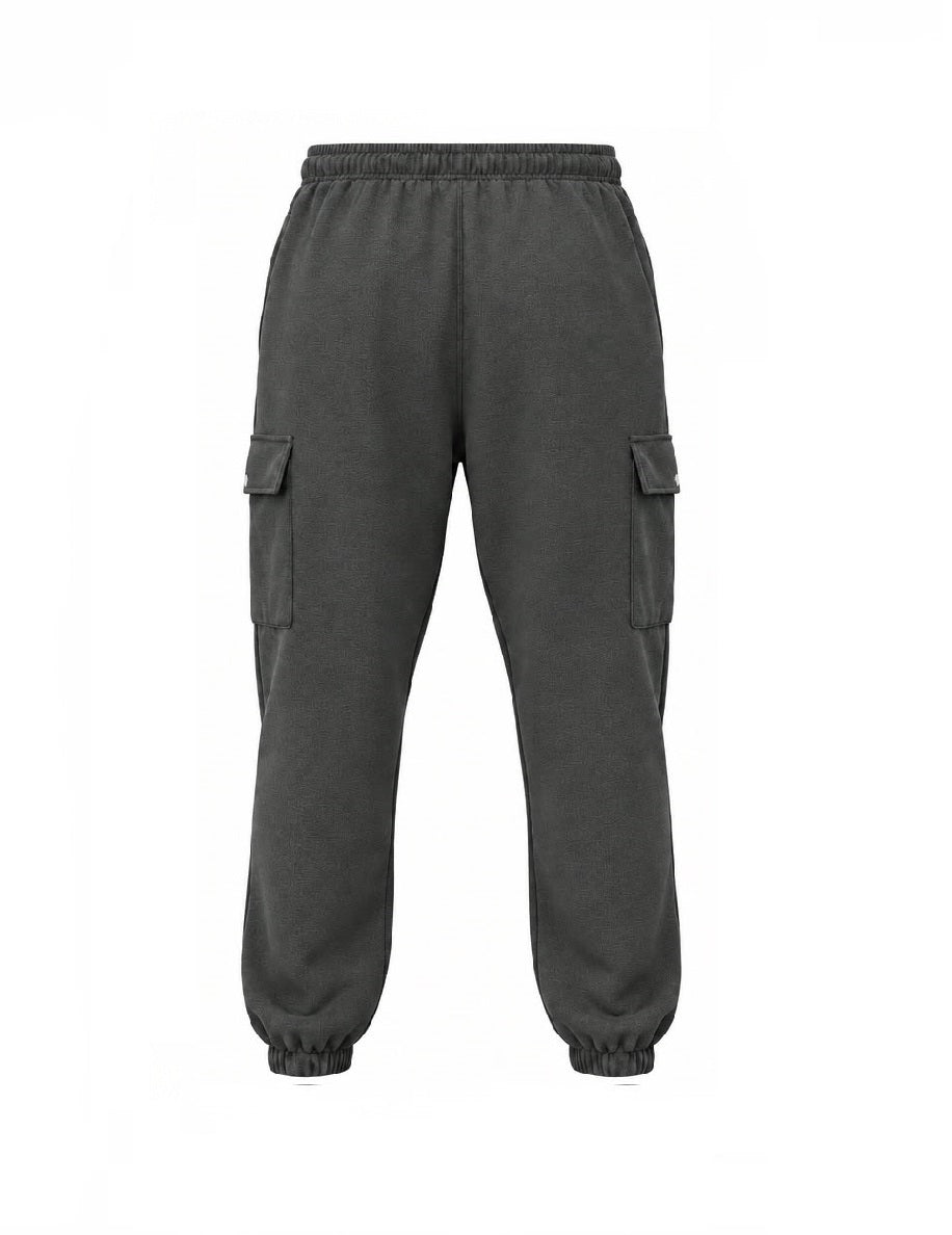 Men's dark grey fleece cargo joggers side view showing cargo pocket and drawstring