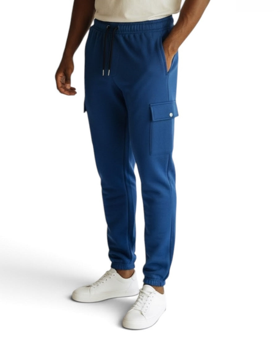 Back view of men's blue fleece cargo joggers without back pockets