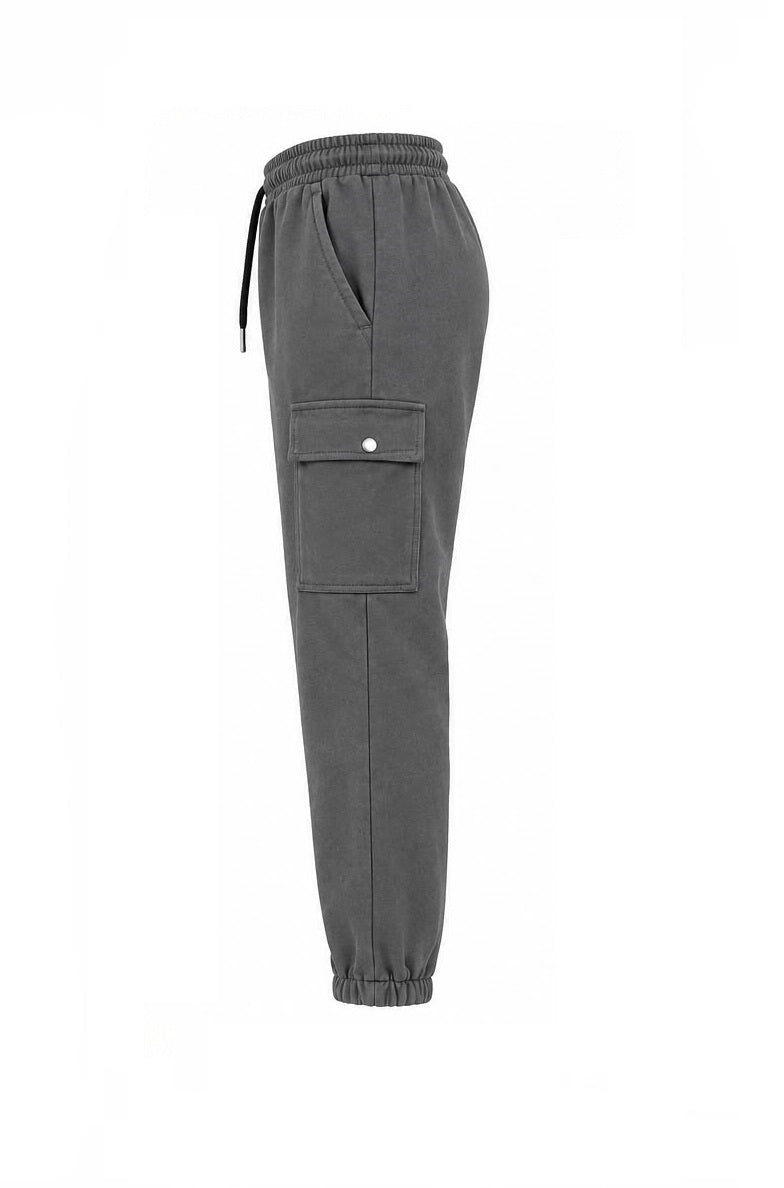 Men's charcoal grey fleece cargo joggers front view