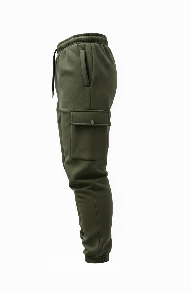 Back view of men's olive fleece cargo joggers without back pockets