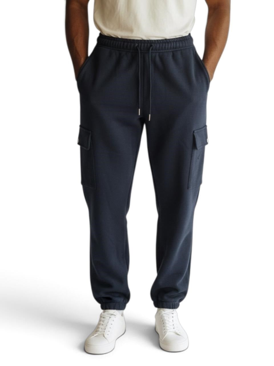 Front product view of navy blue fleece cargo joggers with drawstring waist