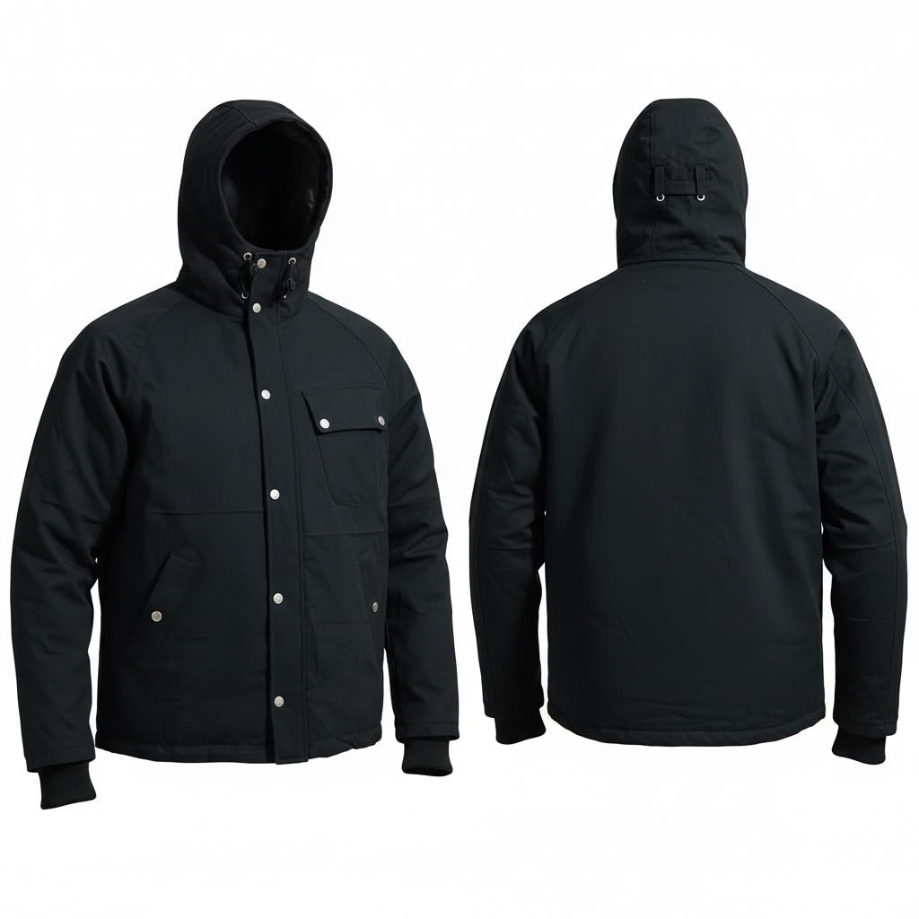 Men's black cotton twill hooded jacket, front and back views