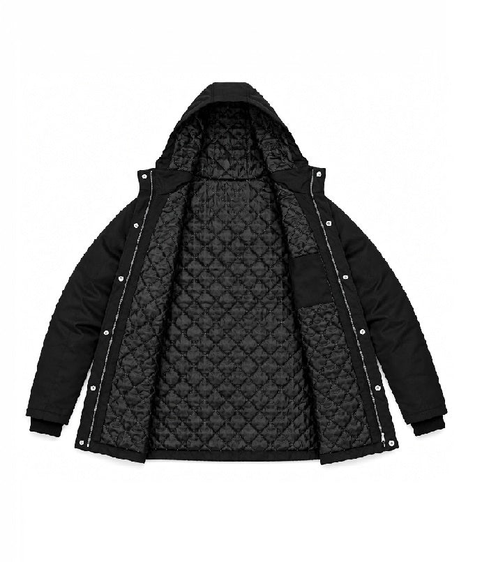 Men's black cotton twill hooded jacket, inside view showing quilted lining