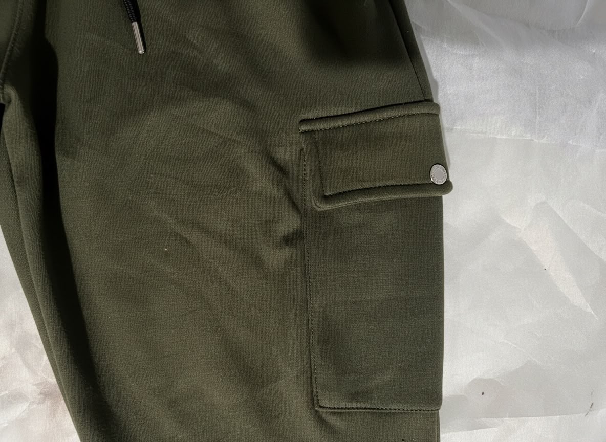 Front product view of olive fleece cargo joggers with side cargo pockets