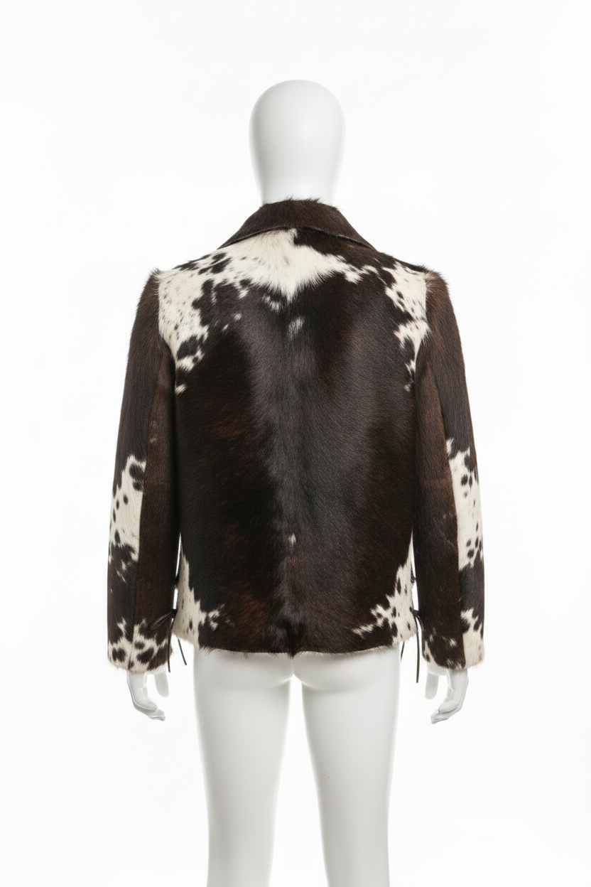 A brown and white cowhide jacket displayed on a white mannequin from the back, set against a plain white background.