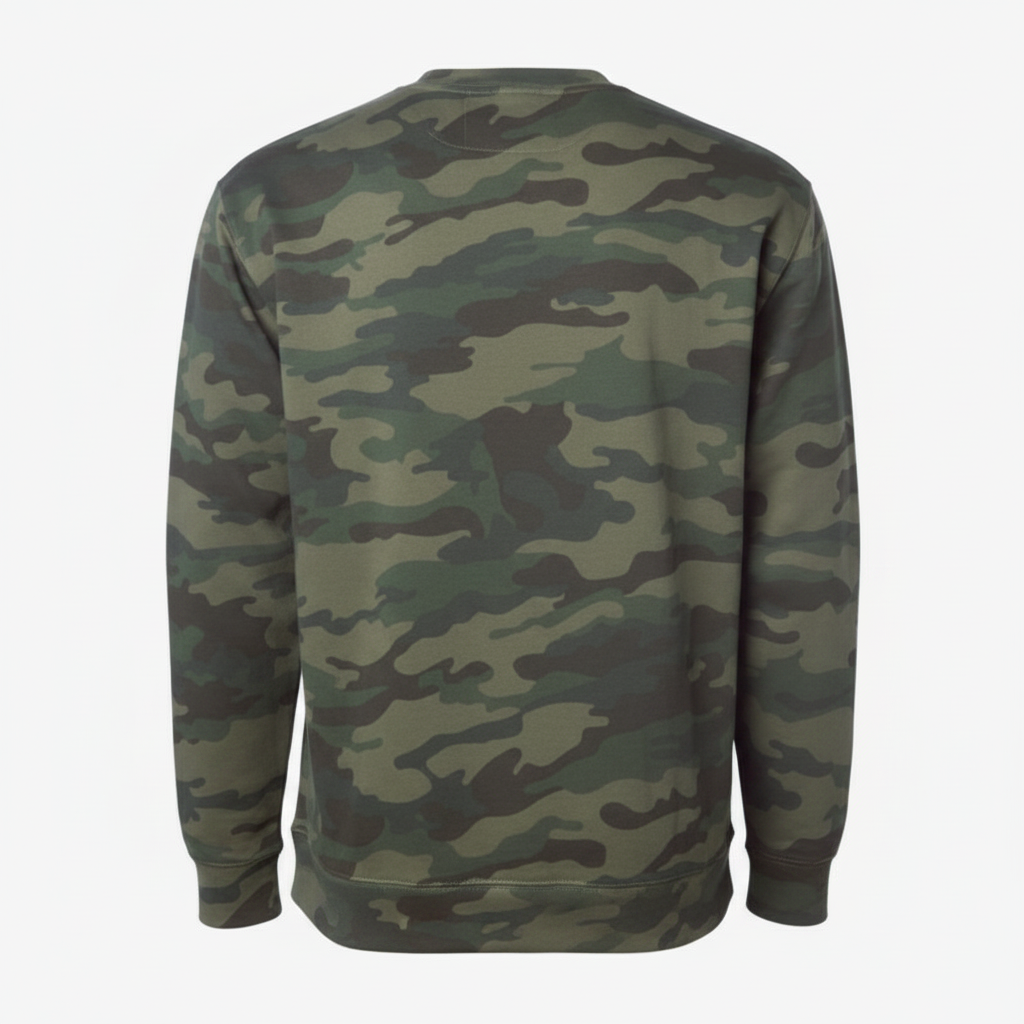 A crewneck sweatshirt with an all-over camouflage pattern in shades of green, brown, and black, shown from the back on a light gray background.