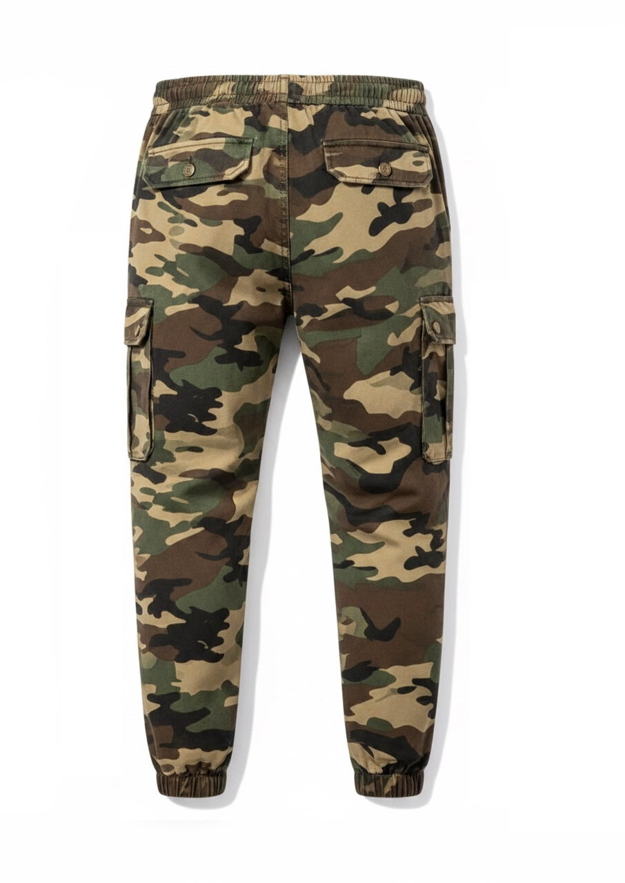 Men's Camo Cargo Joggers Back View with Button Flap Pockets