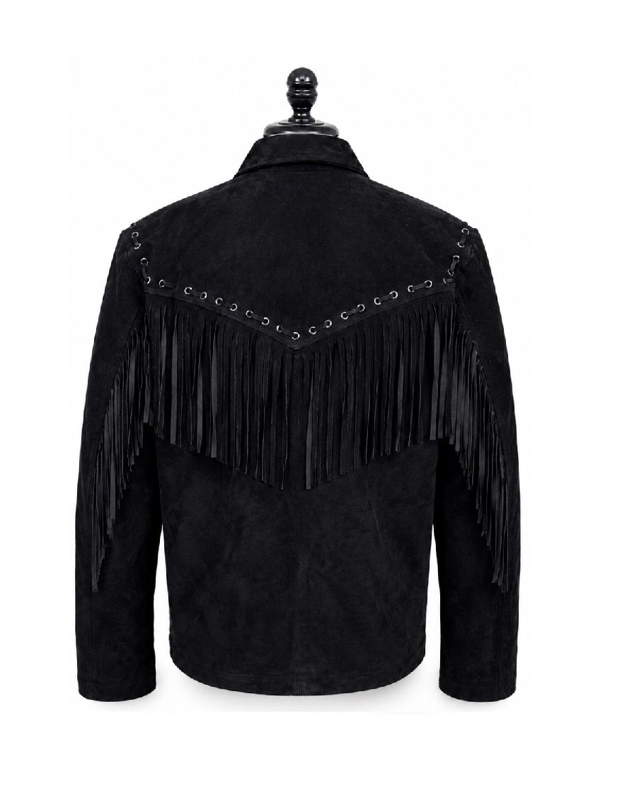 Men's Black Suede Fringe Jacket back view showing full leather fringe across back yoke with silver eyelet detail