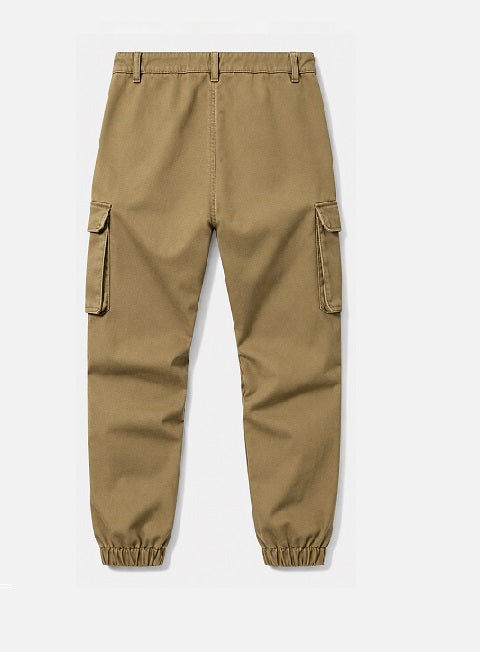 Men's Khaki Cotton Twill Cargo Jogger Trousers back view showing cargo pocket flap and elasticated ankle cuff