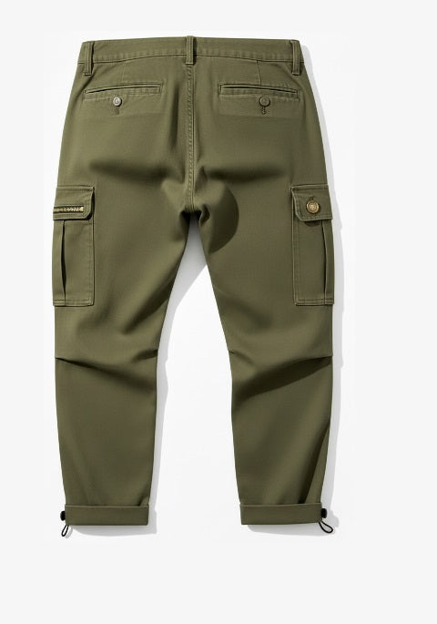 Olive green cargo pants shown from the back, featuring flap cargo pockets on the thighs, button details, and adjustable cuffs, displayed on a clean white background.