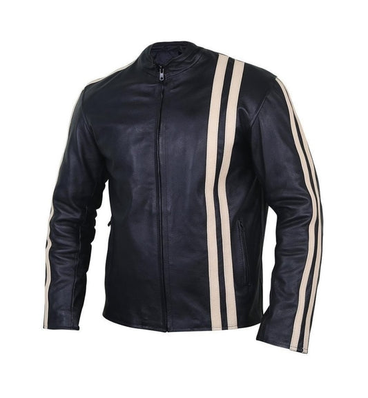 Men's Black Leather Biker Jacket White Racing Stripes