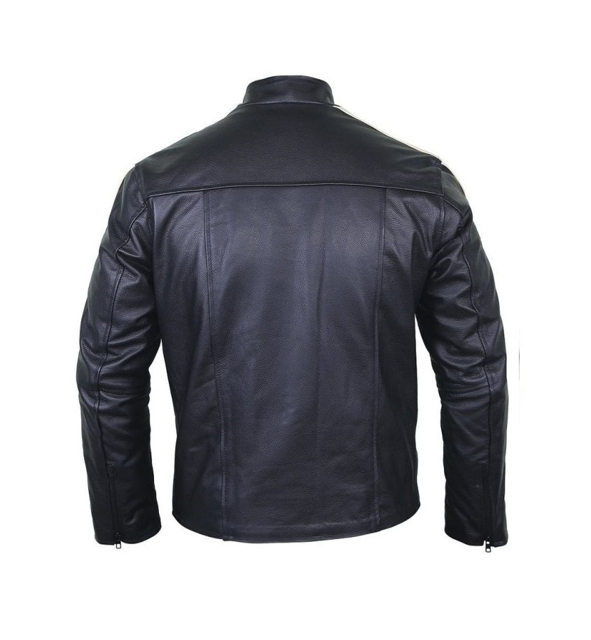 Men's Black Leather Biker Jacket White Racing Stripes