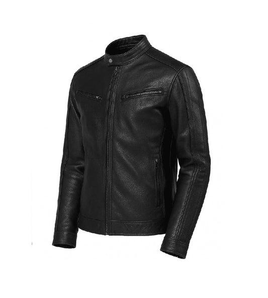 Men's Black Leather Café Racer Jacket | Gothic Skull Lining