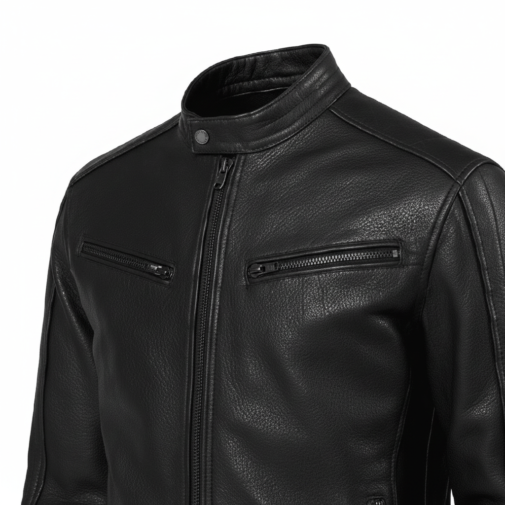 Black Café Racer Jacket — Close-Up Detail