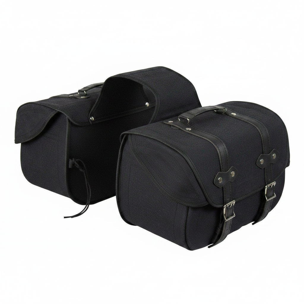 Black Canvas Motorcycle Saddlebag - 3/4 Angle View