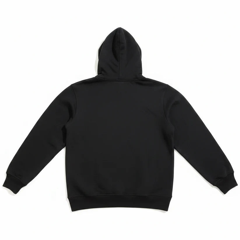 A black pullover hoodie shown from the back, laid flat against a clean white background.