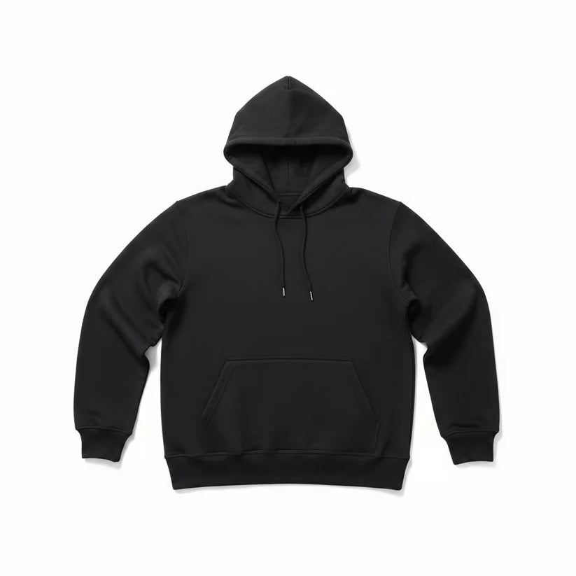 A classic black pullover hoodie with a front kangaroo pocket and matching black drawstrings, displayed flat against a clean white background.