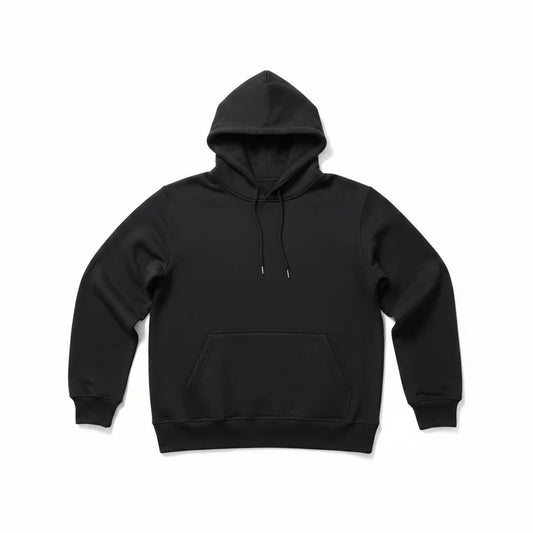 A classic black pullover hoodie with a front kangaroo pocket and matching black drawstrings, displayed flat against a clean white background.