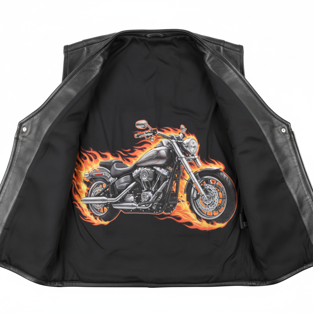 Black Leather Biker Vest - Back Interior Sublimation