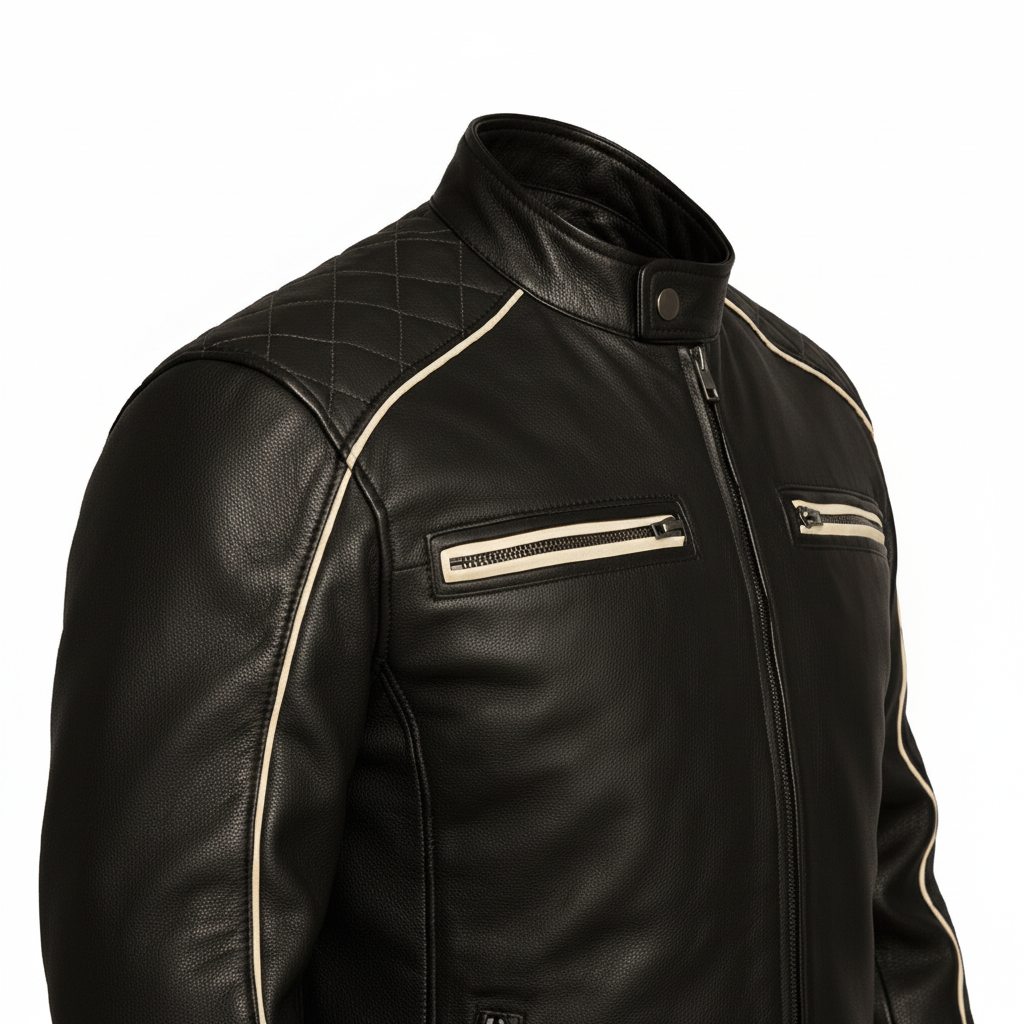 Black Leather Café Racer Jacket — Close-Up Detail