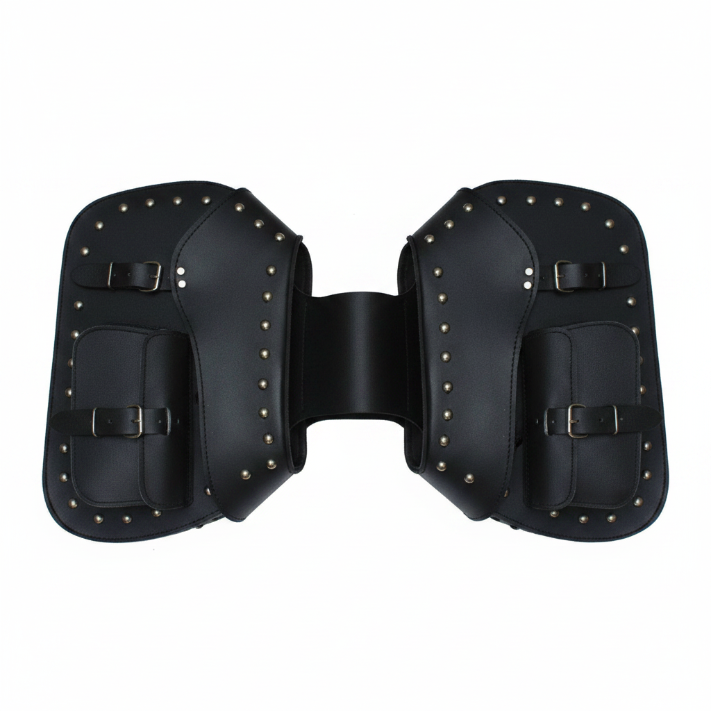 Black Leather Studded Saddlebag Pair - Top/Overhead View
