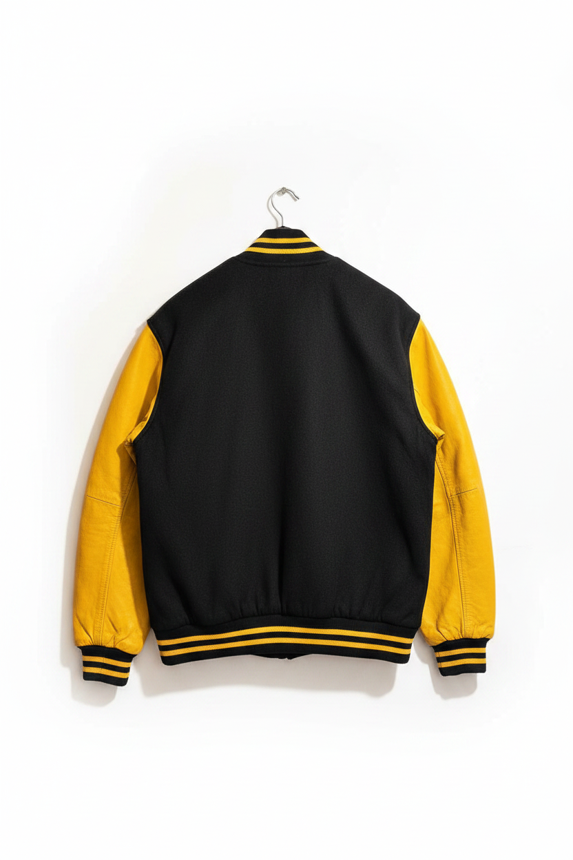 Black and yellow varsity bomber jacket back view on white background