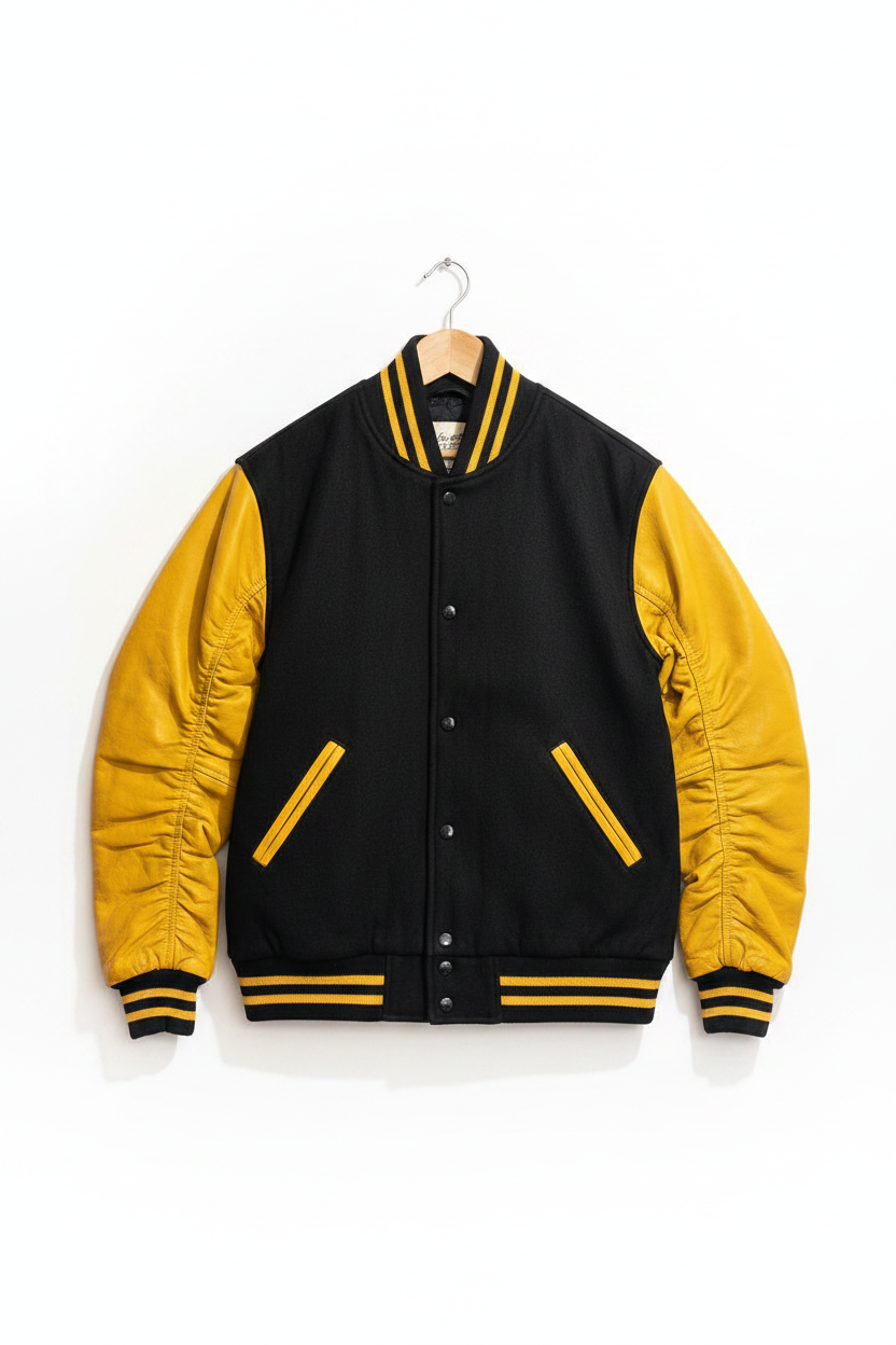 Black and yellow varsity bomber jacket front view on white background