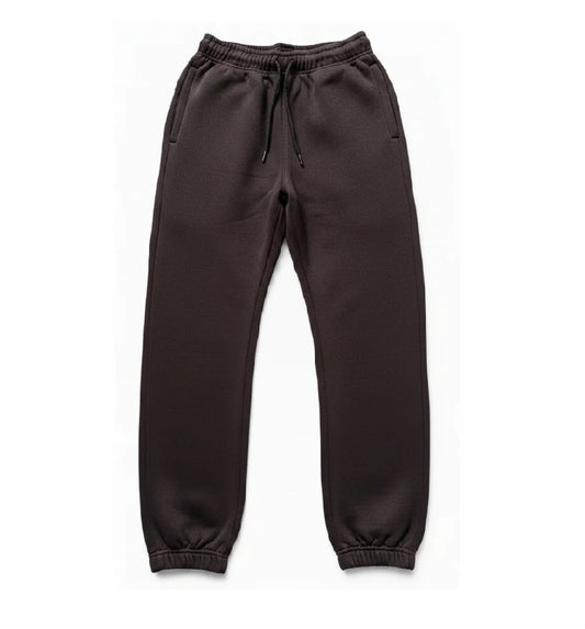 Dark brown fleece jogger pants with an elastic drawstring waist and ribbed ankle cuffs, shown flat on a white background.