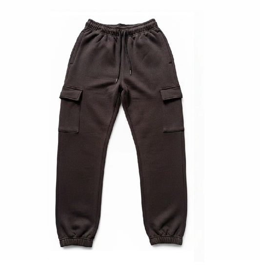 Dark brown cargo jogger sweatpants with an elastic waistband, drawstring, and side cargo pockets, shown flat on a white background.