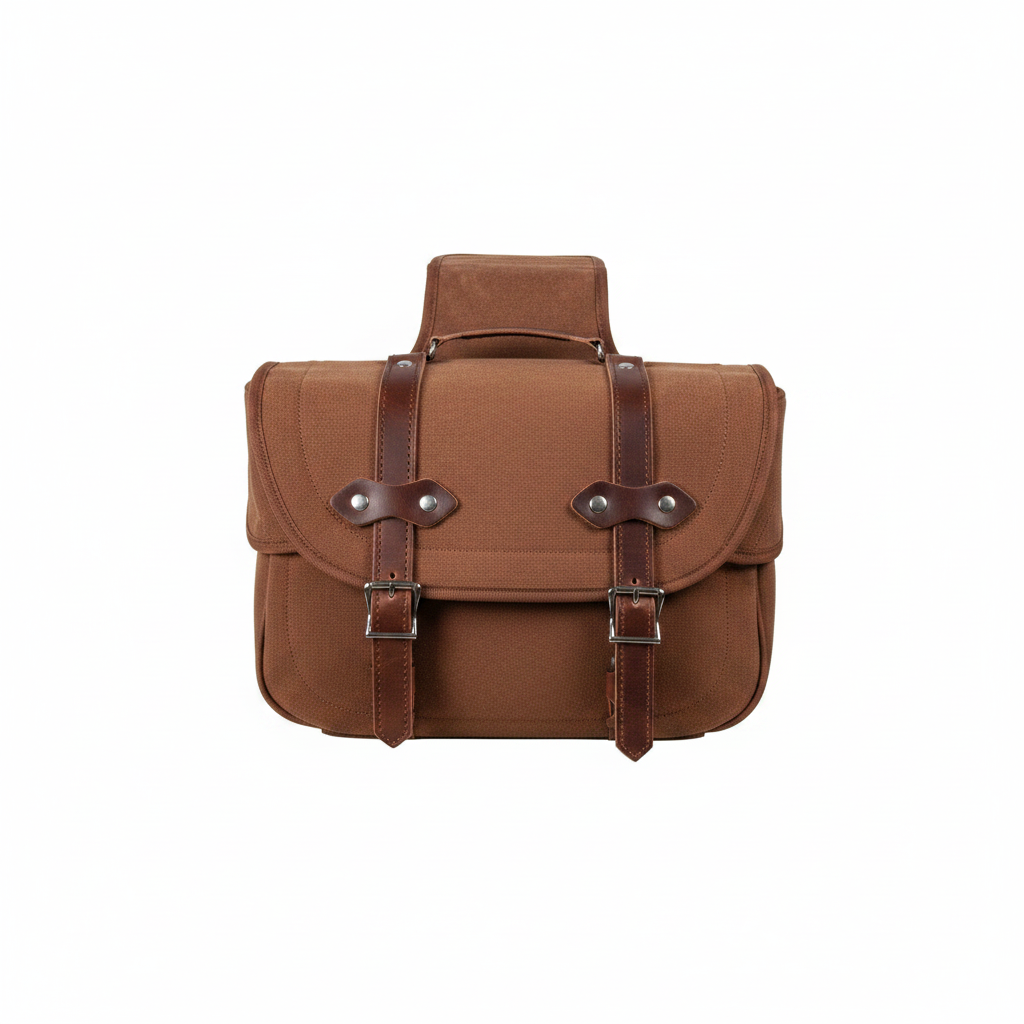 Brown leather satchel bag with straps on a white background