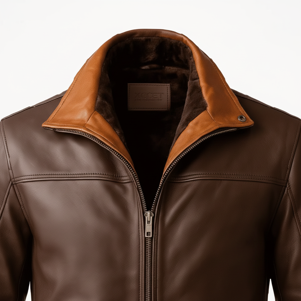 Brown Leather Jacket — Close-Up Tan Collar Detail