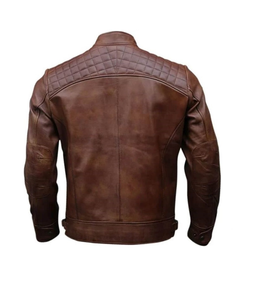 Men's Brown Leather Biker Jacket Front View with Quilted Shoulder Panels and Zip Pockets
