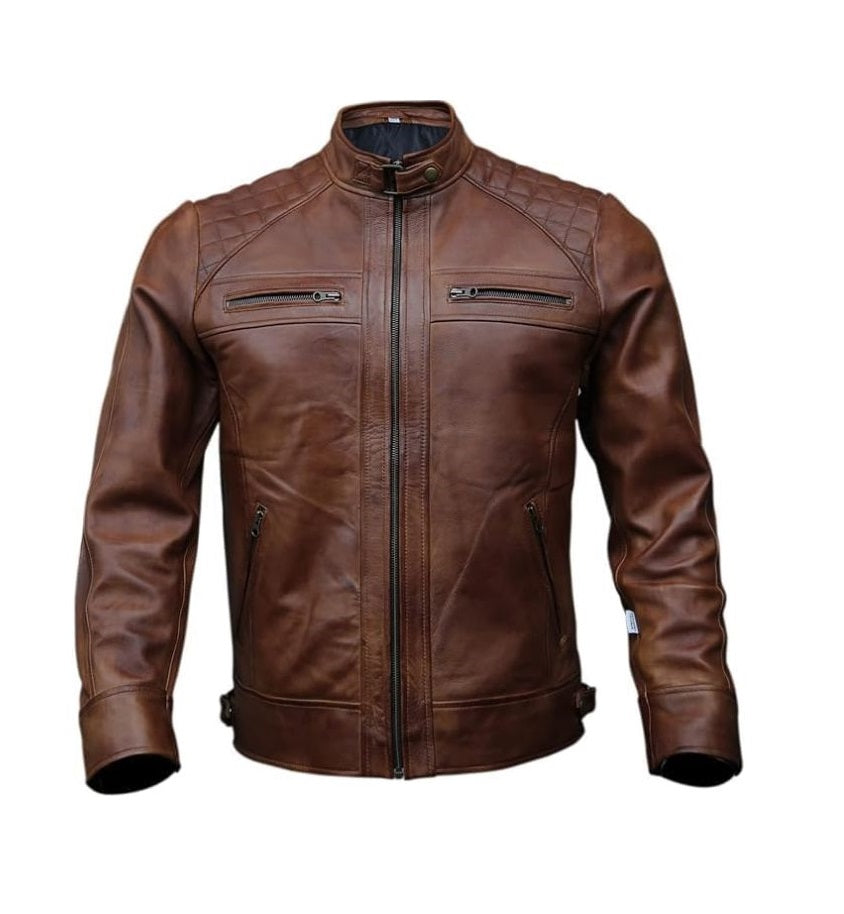 Men's Brown Leather Motorcycle Jacket Side View with Quilted Shoulders and Front Zip