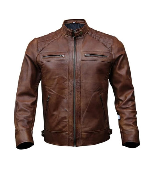 Men's Brown Leather Motorcycle Jacket Side View with Quilted Shoulders and Front Zip