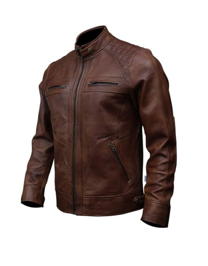 Men's Tan Brown Leather Cafe Racer Jacket with Diamond Quilted Shoulders