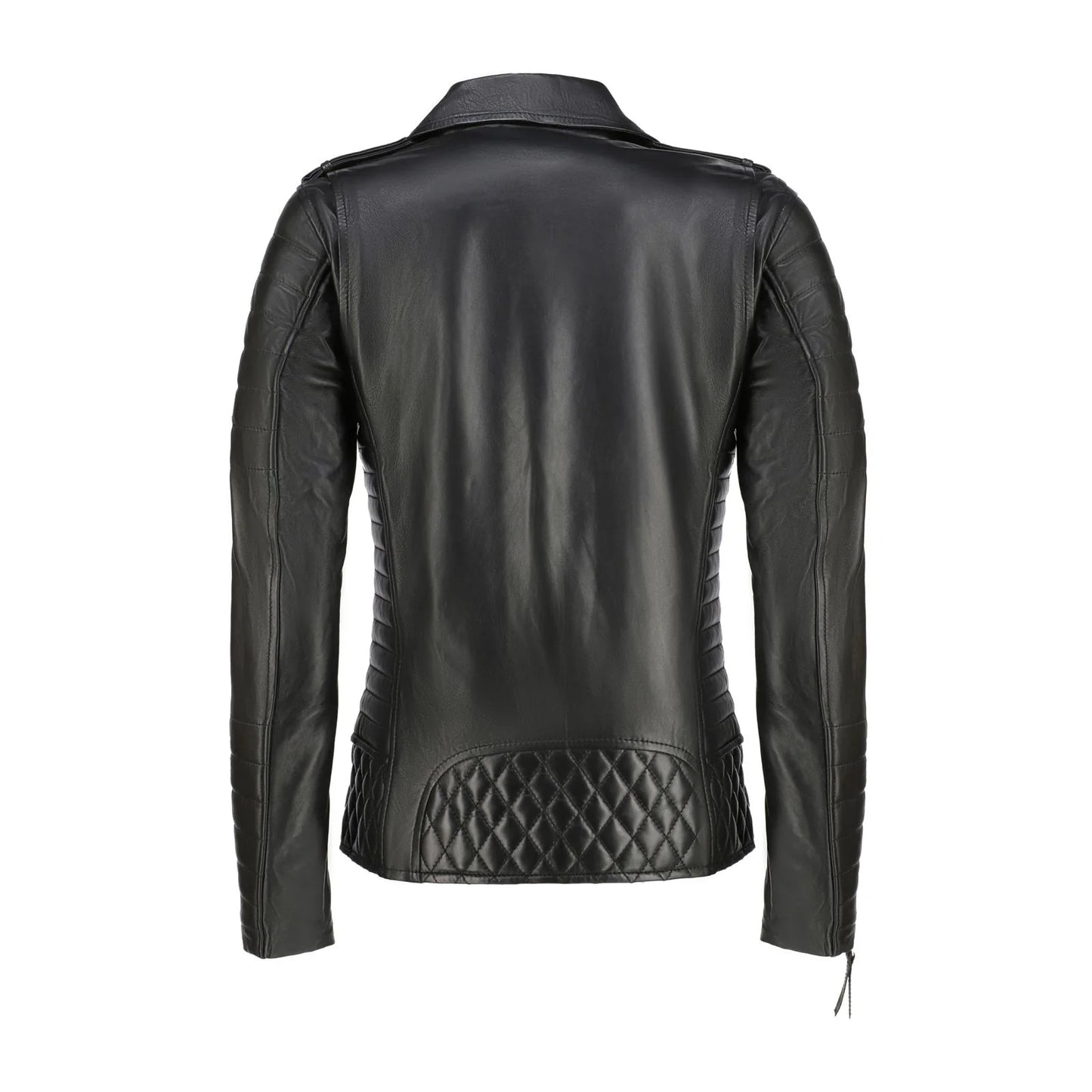Black leather jacket with quilted design on a white background