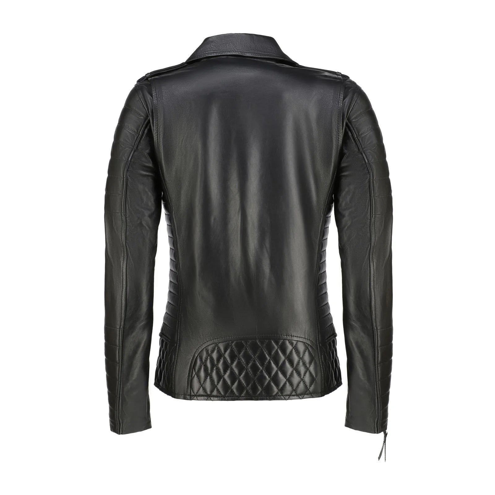 Black leather jacket with quilted design on a white background