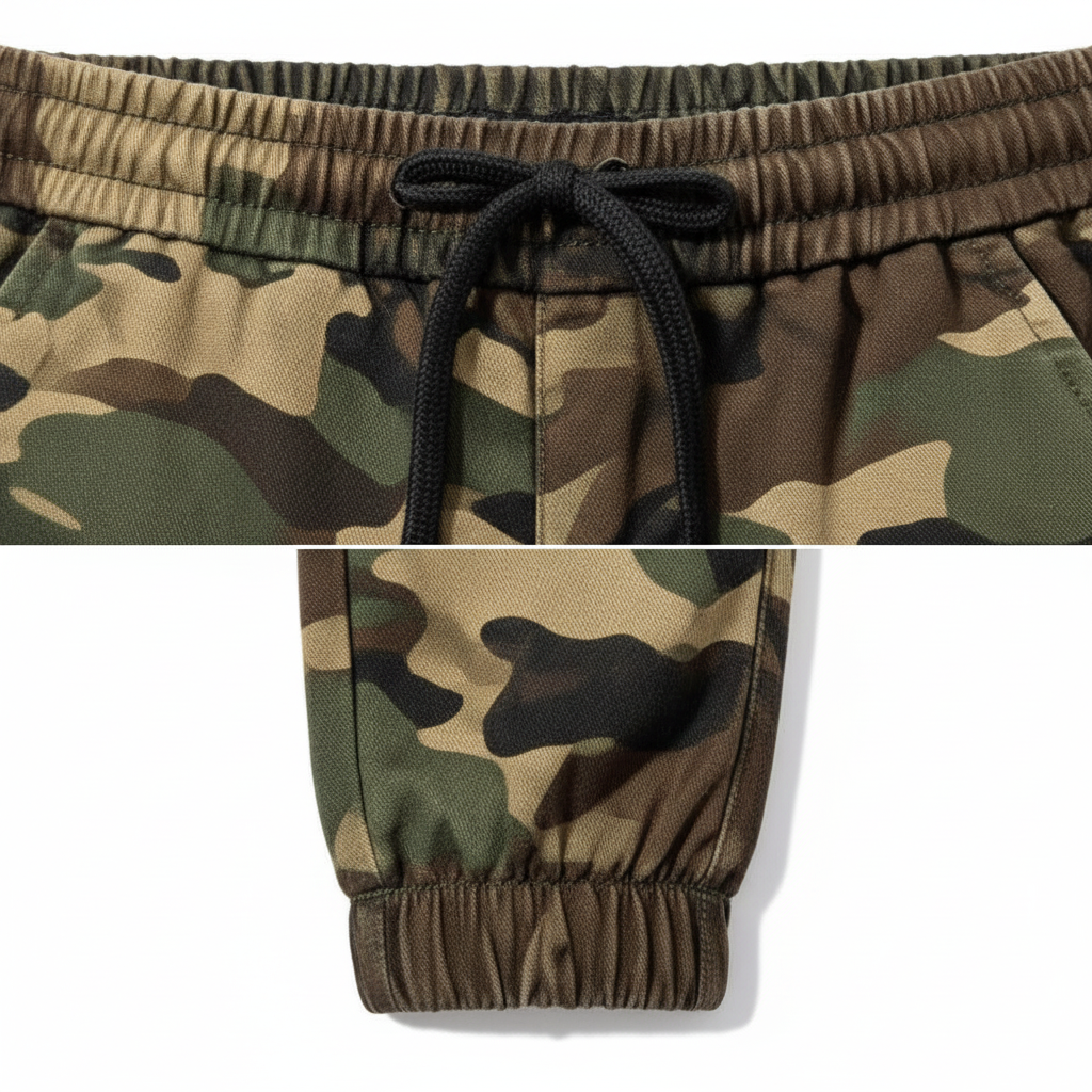 Men's Camo Cargo Joggers Close-up of Elasticated Waistband and Ribbed Ankle Cuff