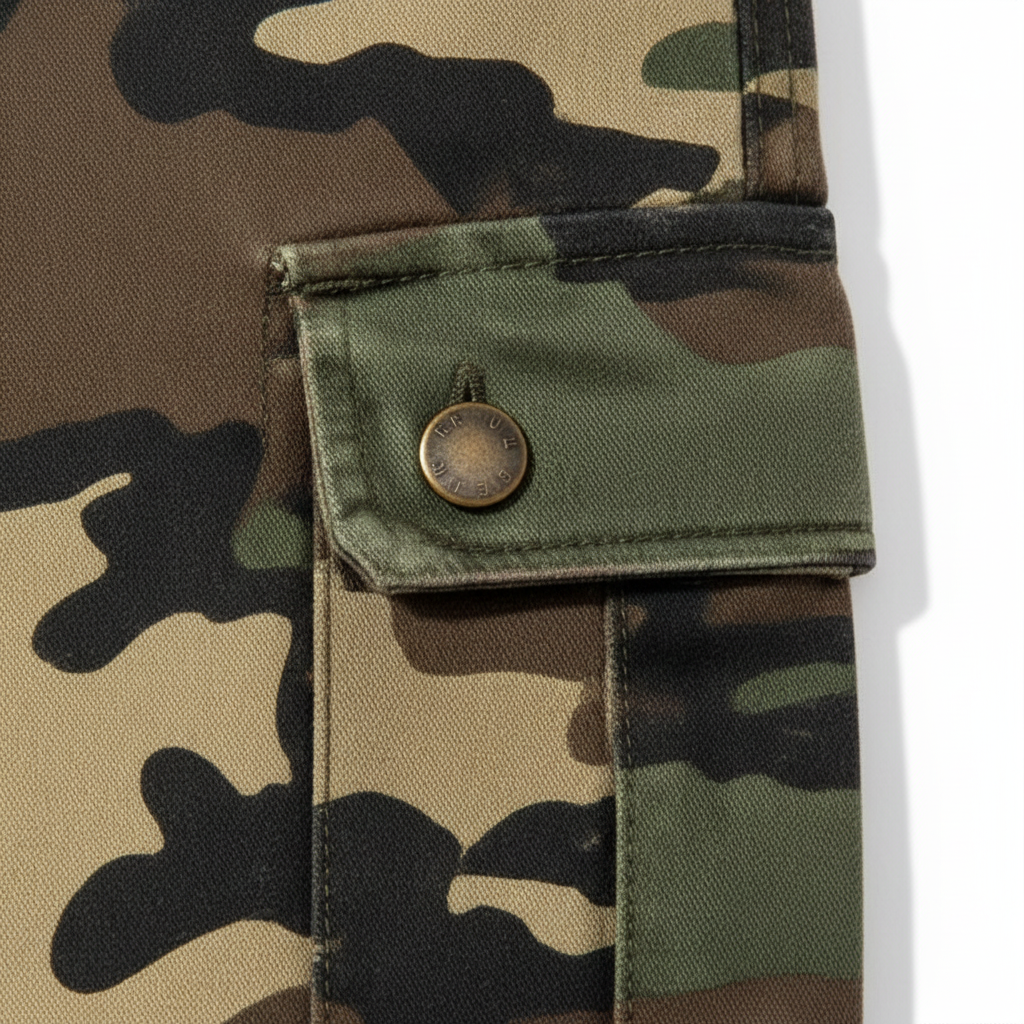 Men's Camo Cargo Joggers Close-up of Cargo Pocket with Bronze Button