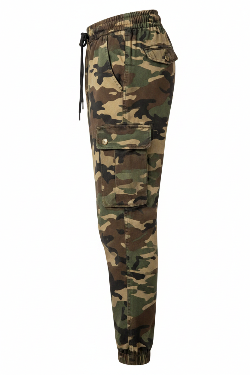 Men's Camo Cargo Joggers Side View Showing Cargo Pocket Detail