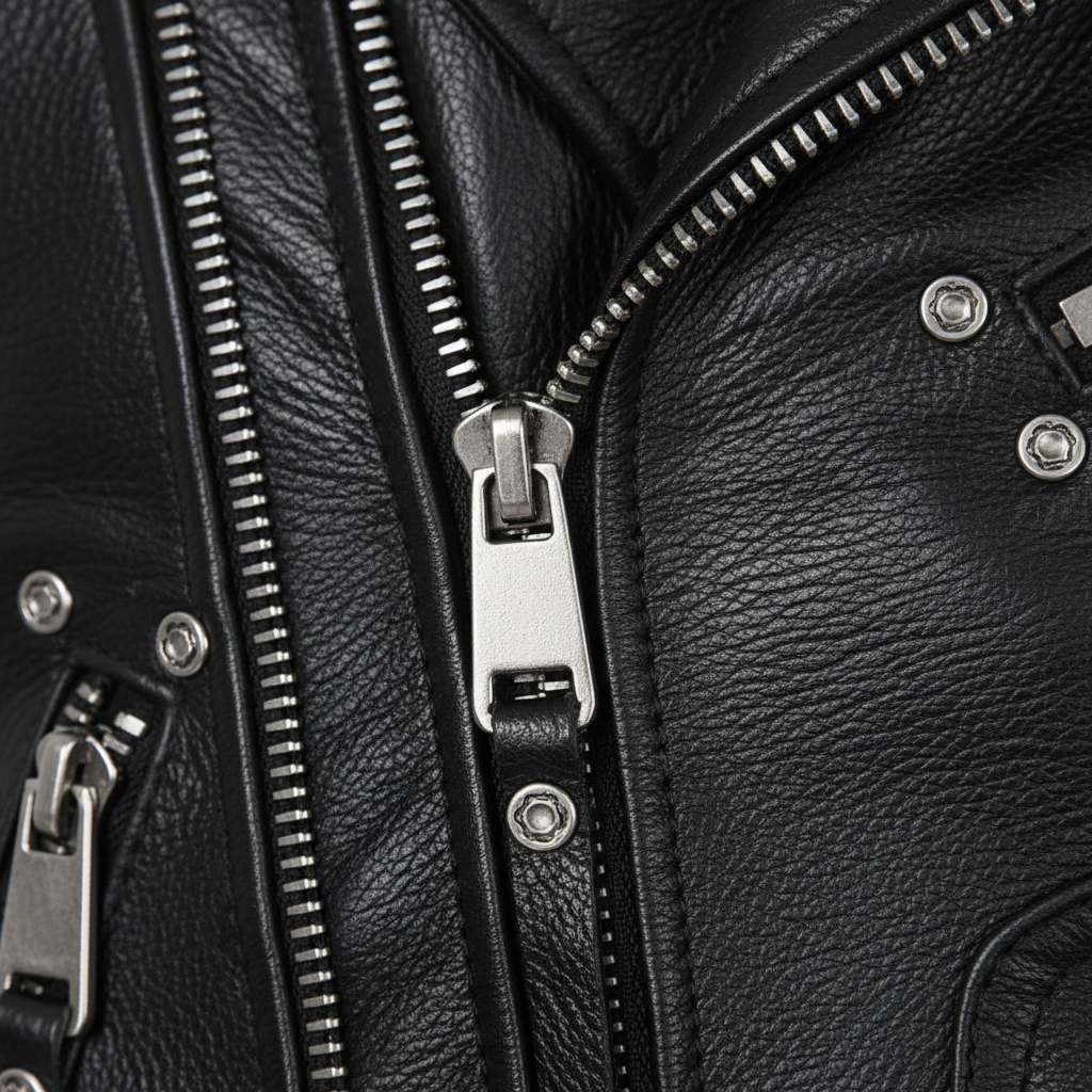 Close-up Stitching and Zip Detail - Black Leather Biker Vest