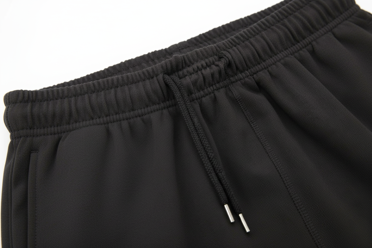 Close-up of black drawstring shorts showing the elastic waistband and black drawstring with silver metal tips against a white background.