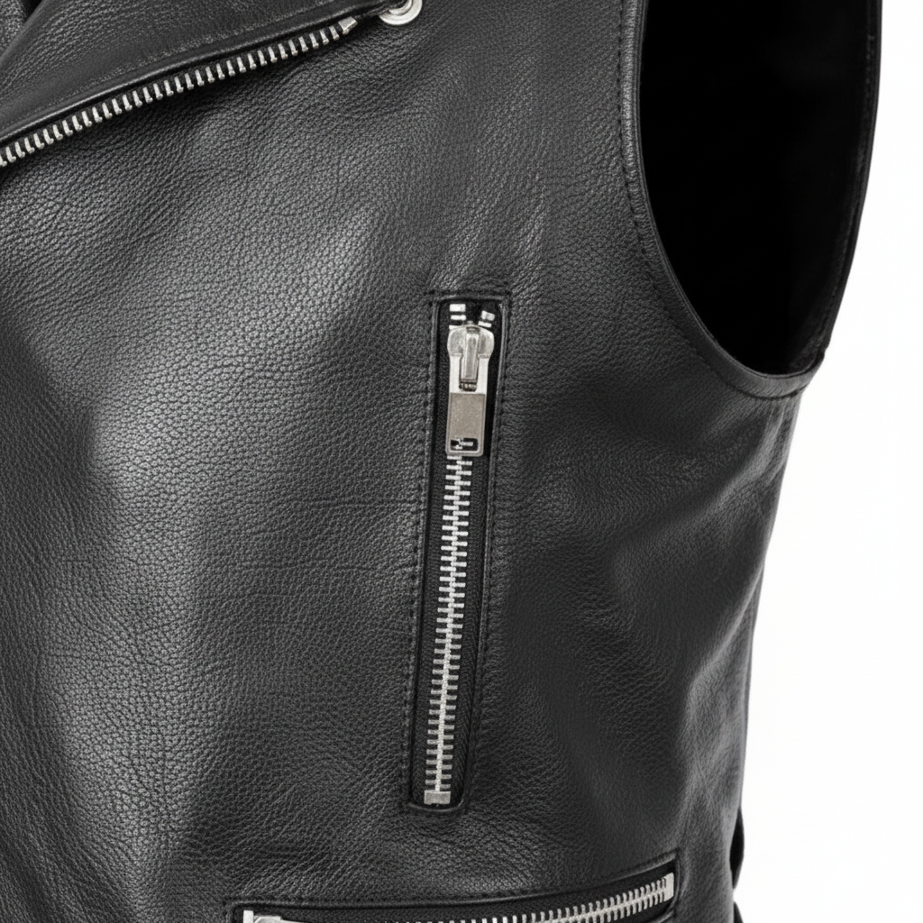 Close-Up Zip & Stitching Detail - Black Leather Lace-Up Biker Vest