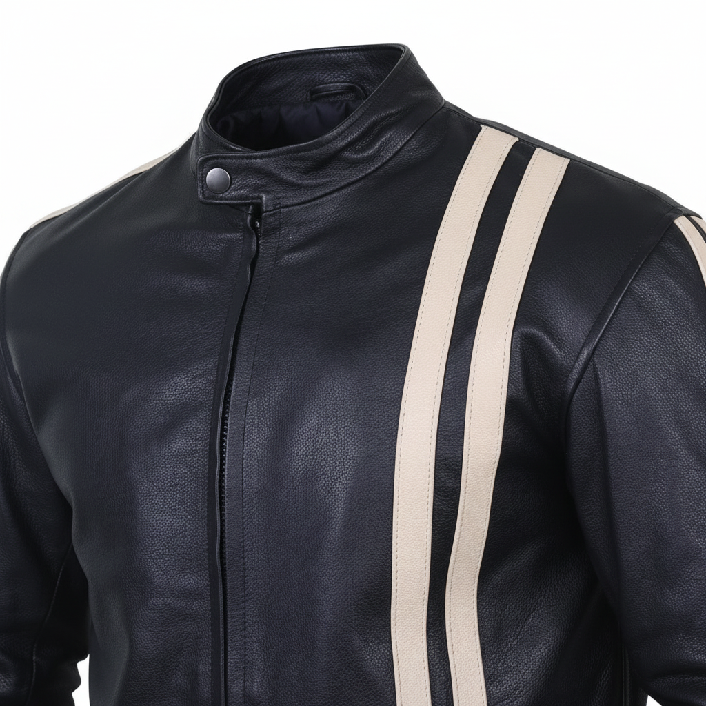 Men's Black Leather Biker Jacket White Racing Stripes