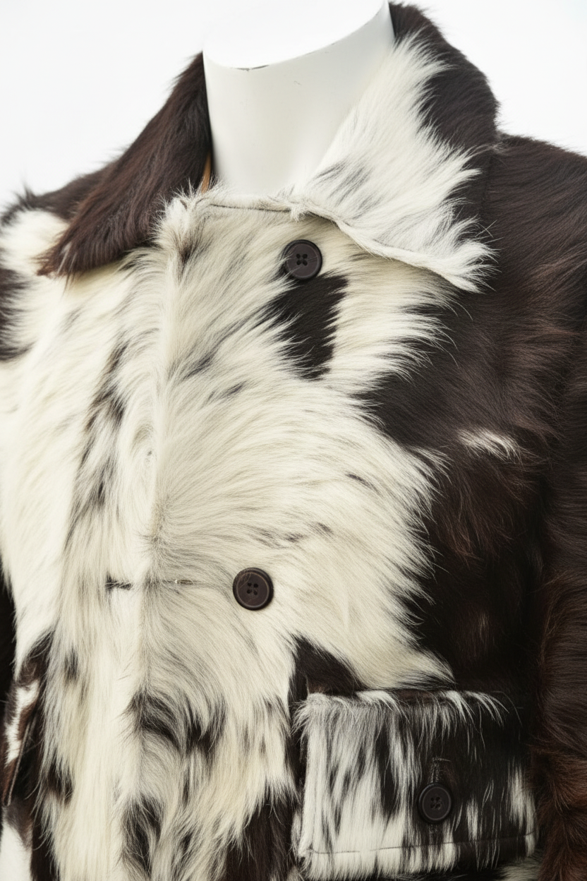 A close-up of a faux fur jacket with a black and white cow print pattern, displayed on a white mannequin torso against a white background.